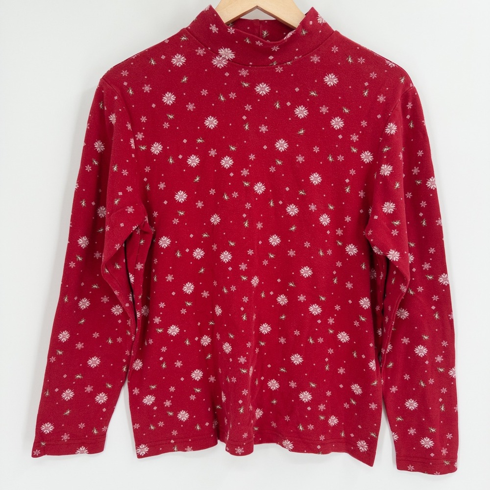 Vintage Snow Mock Neck Top Women M Red Christmas Holiday Winter Granny Indie 90s